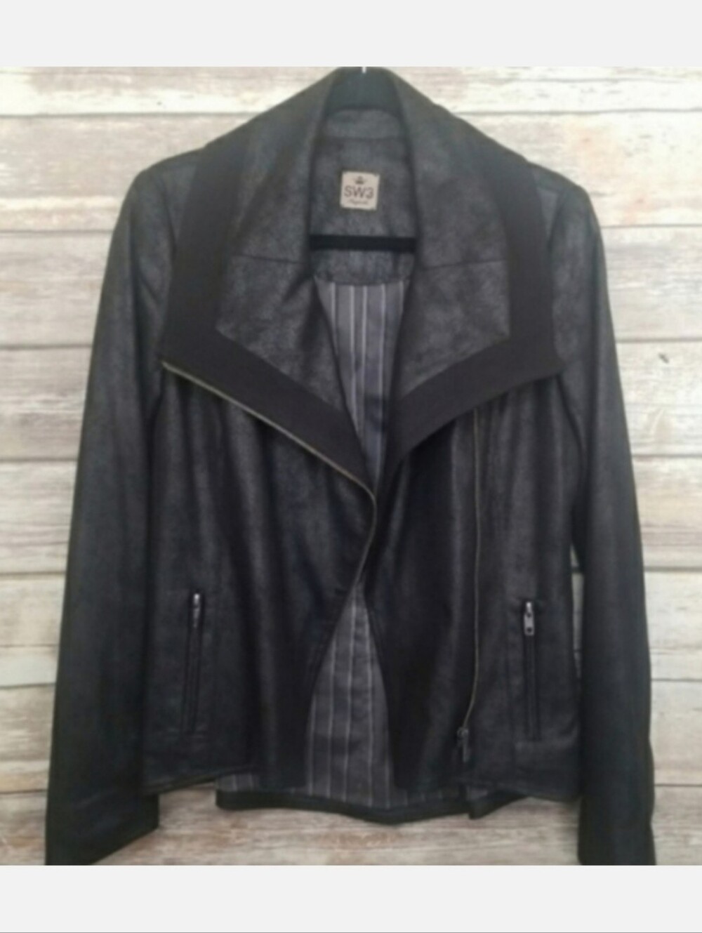 SW3 Bespoke Drape Front Faux Leather Suede Vegan Motorcycle Jacket Coat